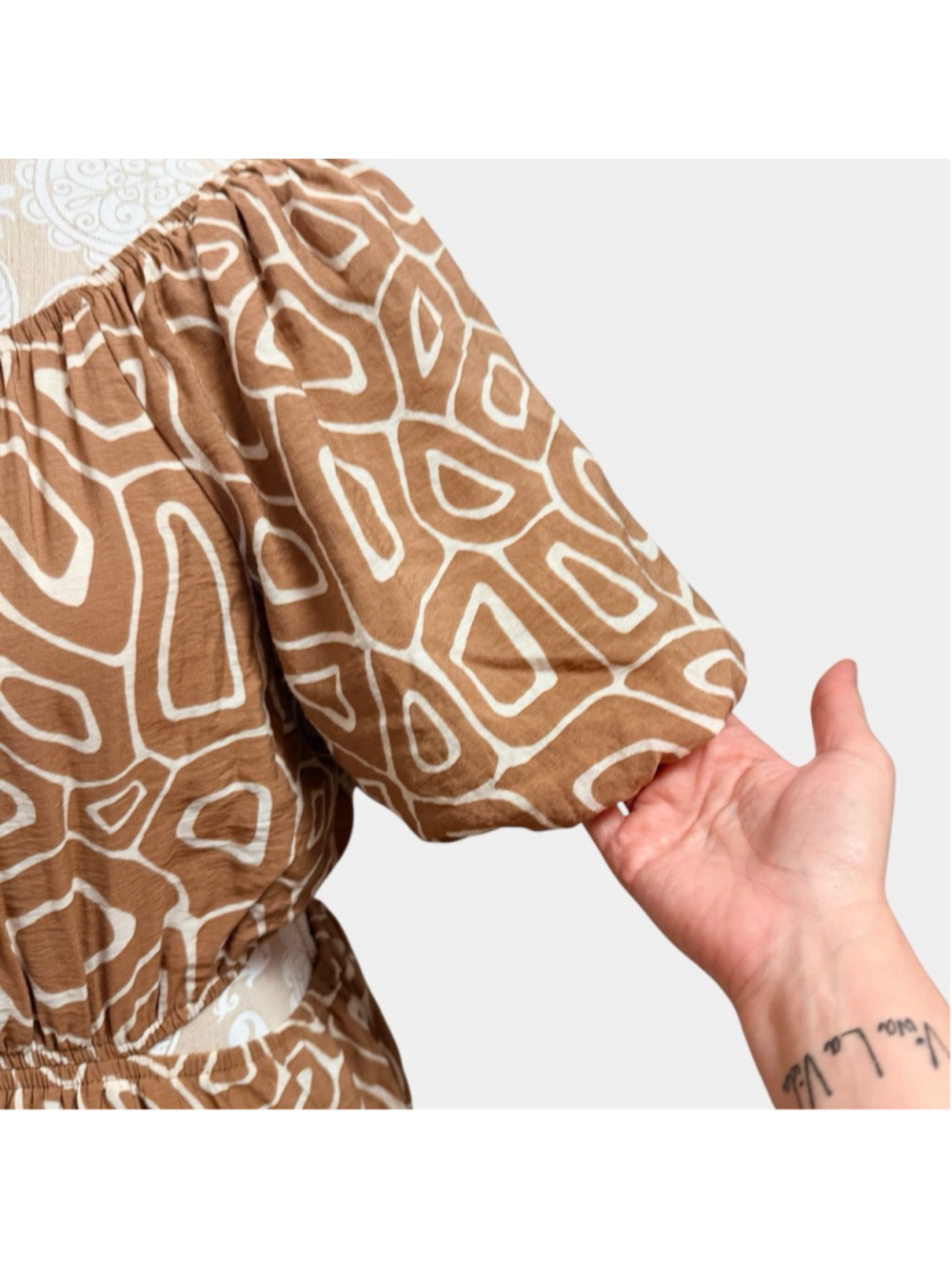 Boho Cutout Mini Dress Brown Abstract Print Puff Sleeve Festival L - Picture 8 of 16